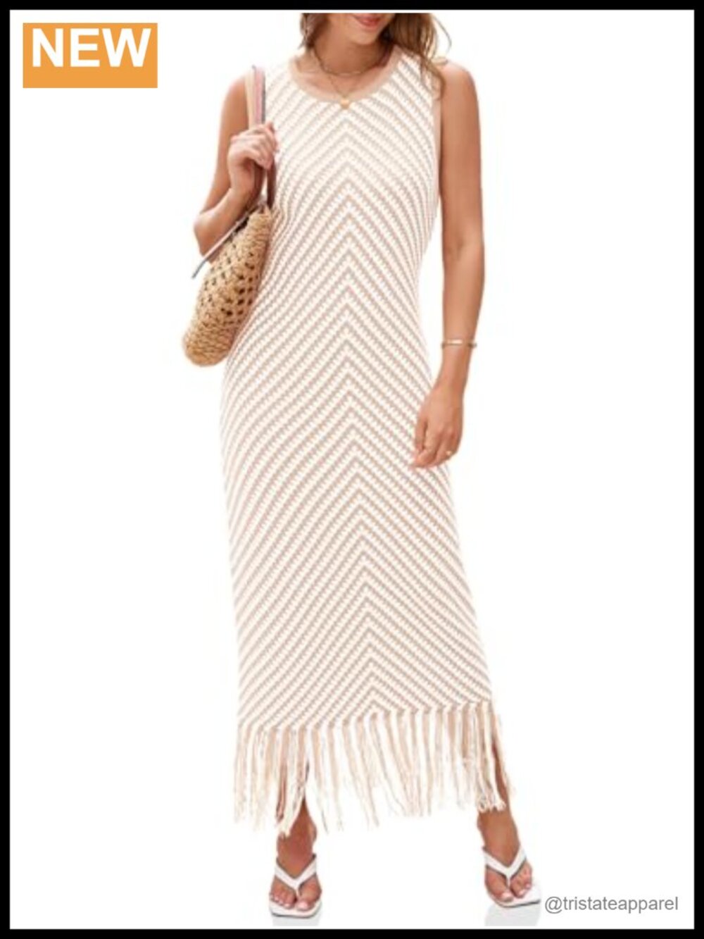 Crochet Knit Fringe Striped Sleeveless Maxi Dress
